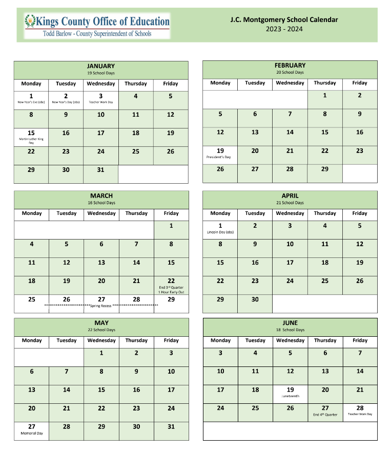 Alternative Education / JC Montgomery 2023 -2024 School Calendar